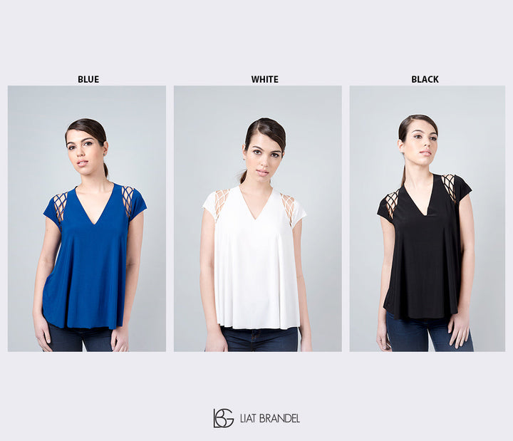 Gamma shirt - a blue shirt with a special cut on the shoulder