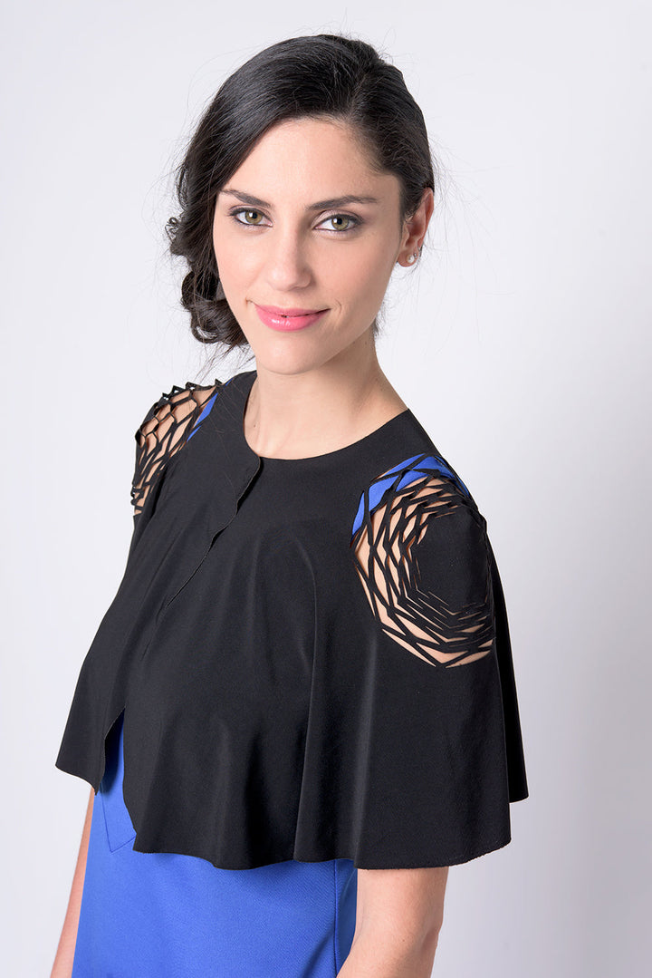 Black top for the event with a hexagonal cut on the shoulders - Delta top