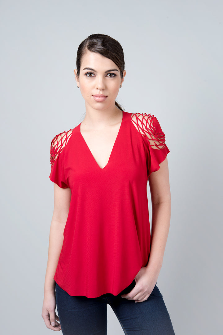 Red delta shirt - shirt with hexagons on the shoulder 