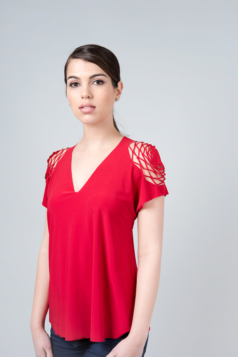 Red delta shirt - shirt with hexagons on the shoulder 